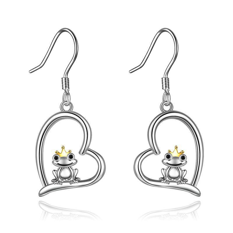 Sterling Silver Two-tone Frog & Heart Drop Earrings-1