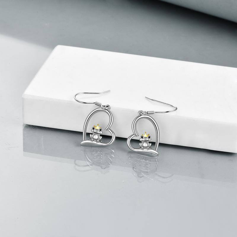 Sterling Silver Two-tone Frog & Heart Drop Earrings-4