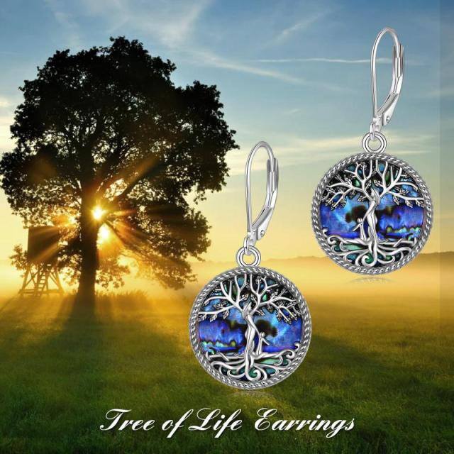 Sterling Silver Circular Shaped Abalone Shellfish Tree Of Life Lever-back Earrings-2