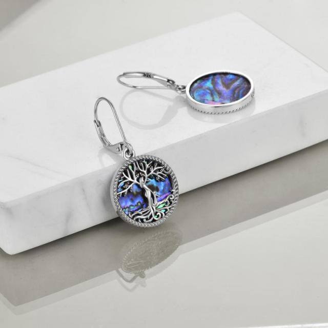 Sterling Silver Circular Shaped Abalone Shellfish Tree Of Life Lever-back Earrings-4