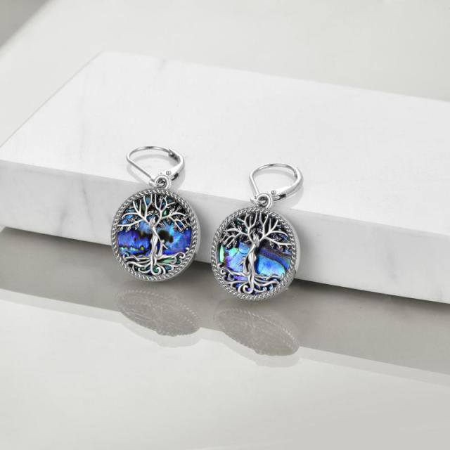 Sterling Silver Circular Shaped Abalone Shellfish Tree Of Life Lever-back Earrings-3