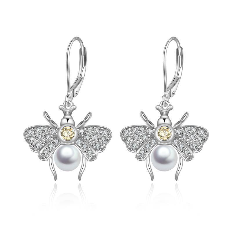 Sterling Silver Circular Shaped Pearl Bees Lever-back Earrings-1