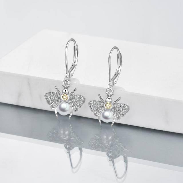 Sterling Silver Circular Shaped Pearl Bees Lever-back Earrings-2