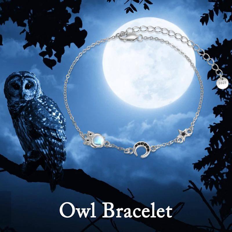 Sterling Silver Circular Shaped Moonstone Owl & Moon & Star Pendant Bracelet-6
