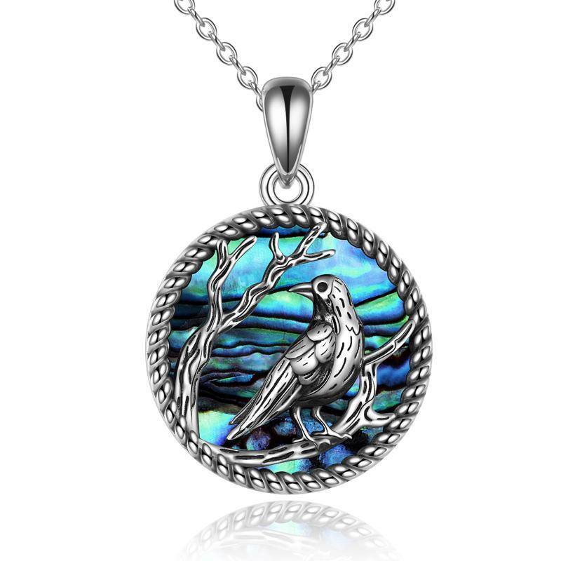 Sterling Silver Circular Shaped Abalone Shellfish Raven & Round Pendant Necklace-1