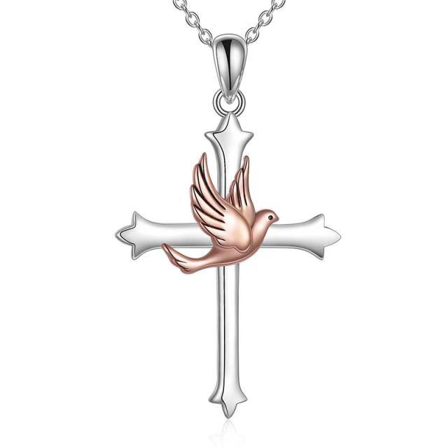 Sterling Silver Two-tone Bird & Cross Pendant Necklace-1