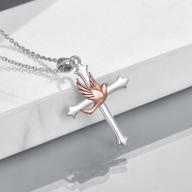 Sterling Silver Two-tone Bird & Cross Pendant Necklace-4