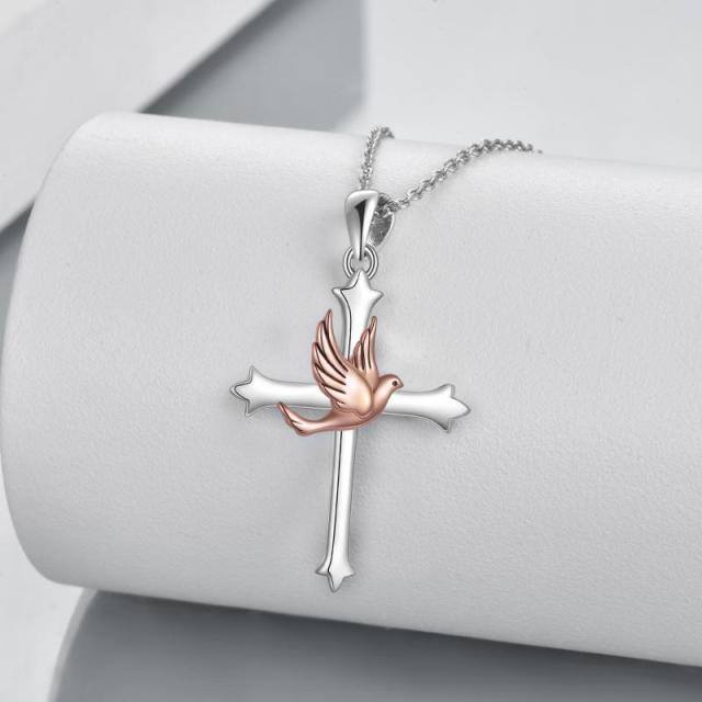 Sterling Silver Two-tone Bird & Cross Pendant Necklace-3
