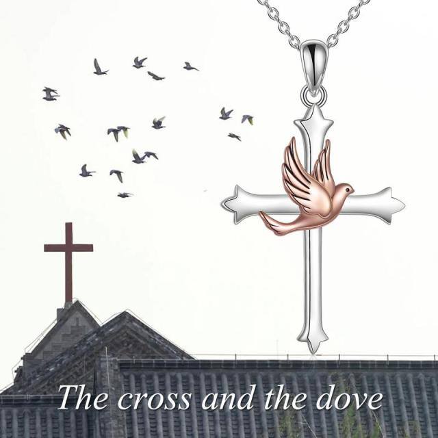 Sterling Silver Two-tone Bird & Cross Pendant Necklace-5