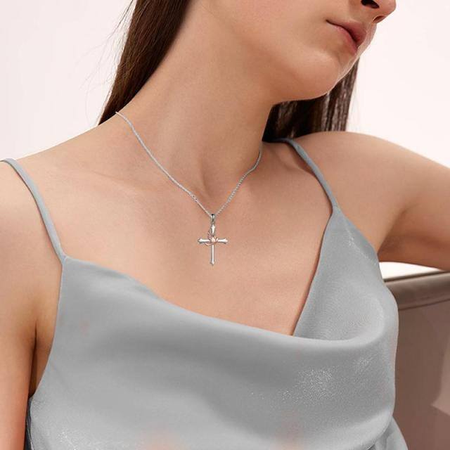 Sterling Silver Two-tone Bird & Cross Pendant Necklace-2