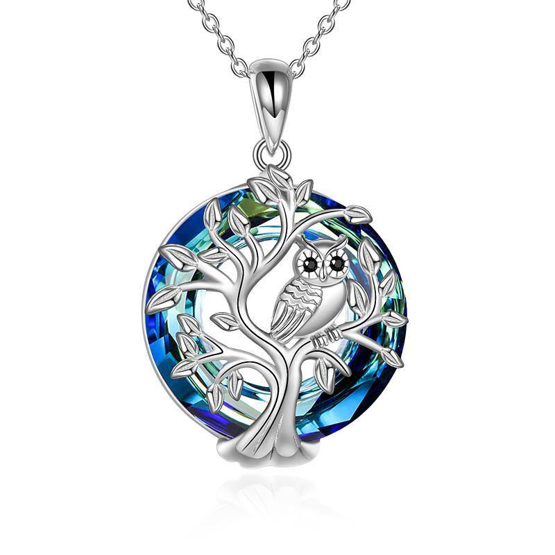 Sterling Silver Owl & Tree Of Life Crystal Pendant Necklace-1