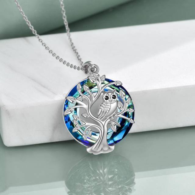 Sterling Silver Owl & Tree Of Life Crystal Pendant Necklace-4