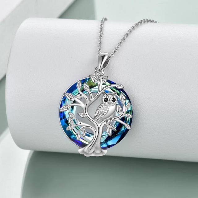 Sterling Silver Owl & Tree Of Life Crystal Pendant Necklace-3