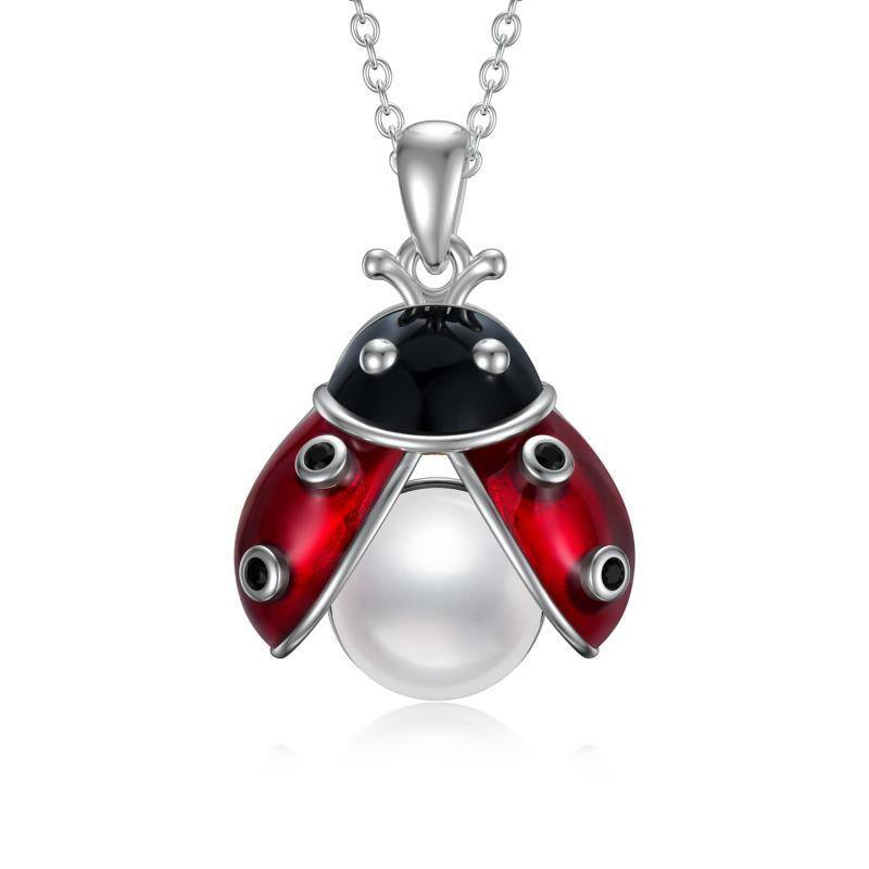 Sterling Silver Circular Shaped Pearl Ladybug Pendant Necklace-1