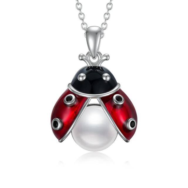 Sterling Silver Circular Shaped Pearl Ladybug Pendant Necklace-0
