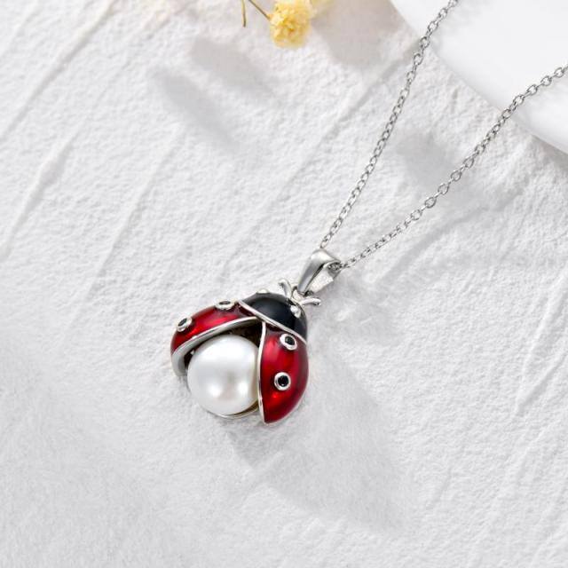 Sterling Silver Circular Shaped Pearl Ladybug Pendant Necklace-3