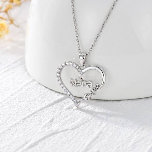 Sterling Silver Cubic Zirconia Heart Pendant Necklace Engraved Love Nana-2