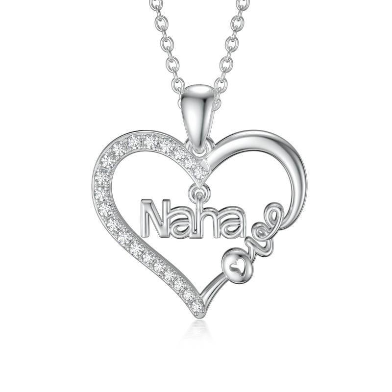 Collier en argent sterling avec pendentif coeur en zircon cubique gravé Love Nana-1