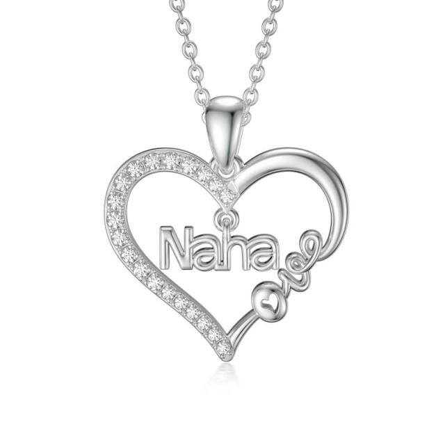 Colar com pingente de coração de zircónias cúbicas em prata de lei gravado com amor Nana-0