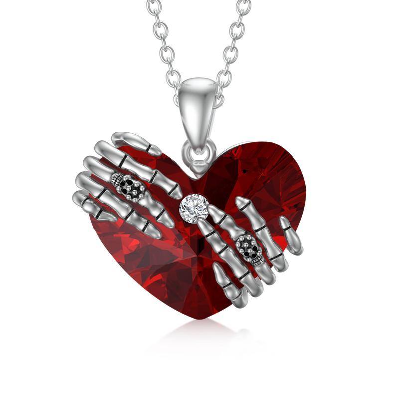 Sterling Silver Heart Shaped Heart & Skull Crystal Pendant Necklace-1