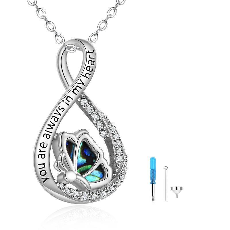 Sterling Silver Circular Shaped Cubic Zirconia Butterfly & Infinity Symbol Urn Necklace for Ashes with Engraved Word-1