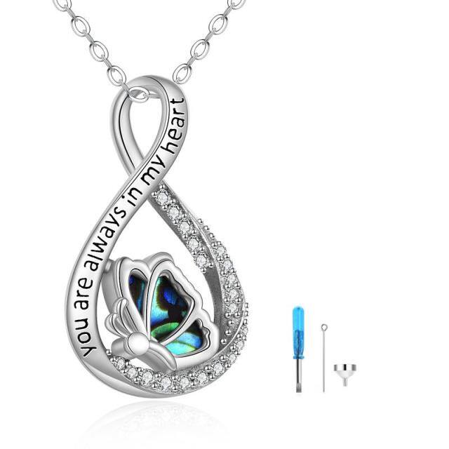 Sterling Silver Circular Shaped Cubic Zirconia Butterfly & Infinity Symbol Urn Necklace for Ashes with Engraved Word-0