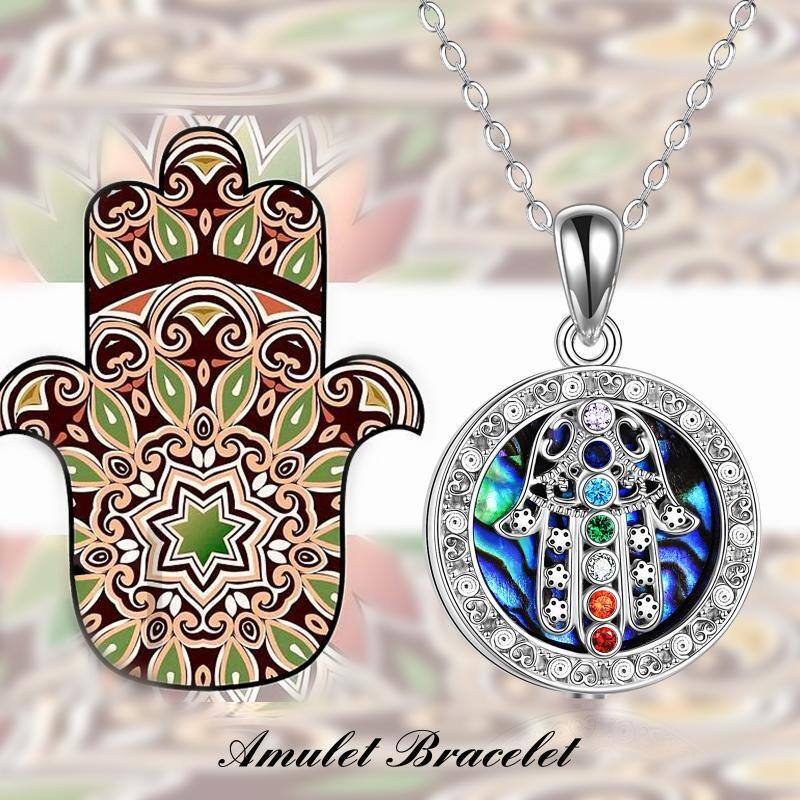 Sterling Silver Circular Shaped Chakras & Hamsa Hand Pendant Necklace with Engraved Word-6