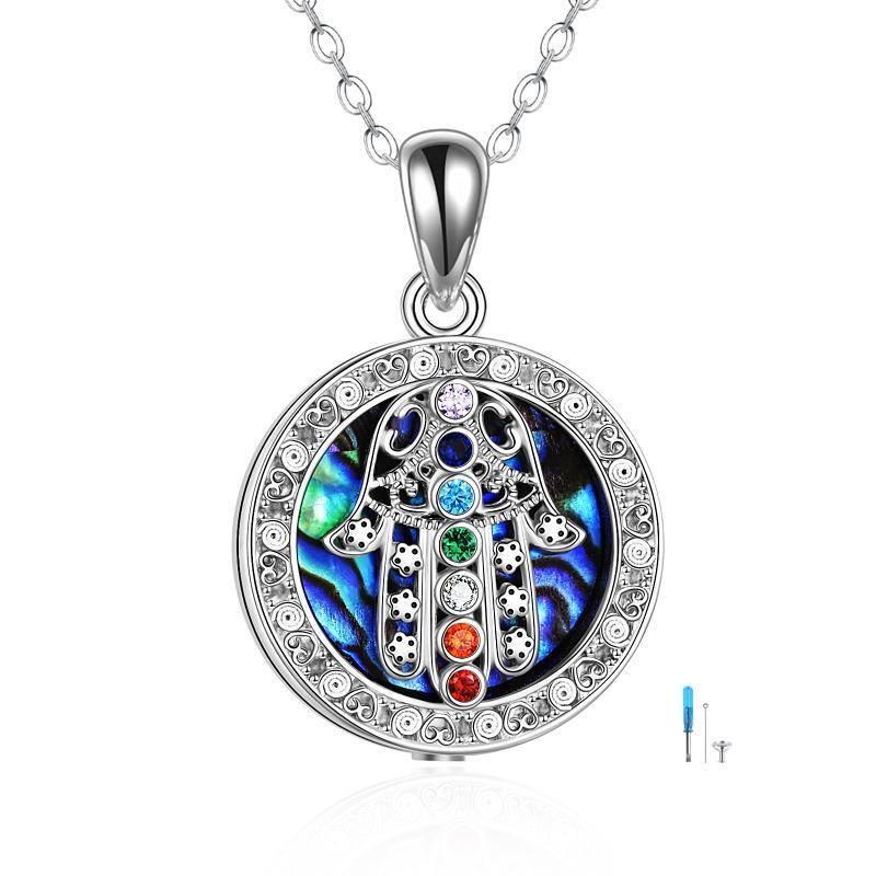 Collar colgante de plata de ley con forma circular de chakras y mano hamsa con palabra gra-1