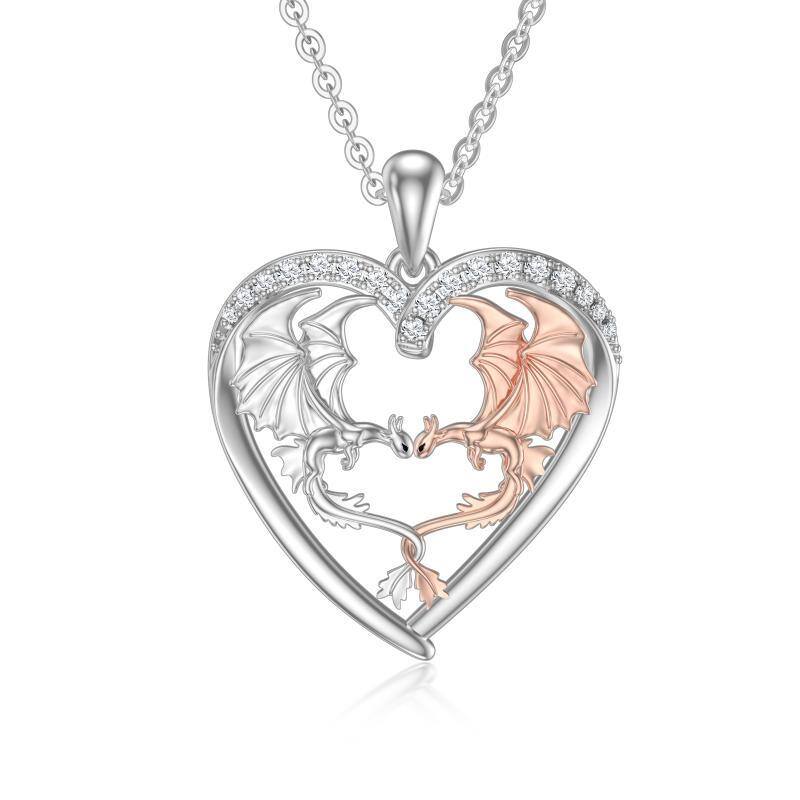 Sterling Silver Two-tone Cubic Zirconia Dragon & Heart Pendant Necklace-1