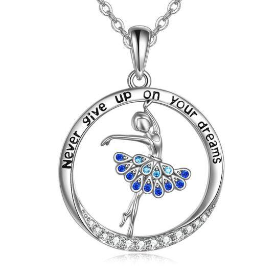 Sterling Silver Cubic Zirconia Ballet Dancer Pendant Necklace with Engraved Word