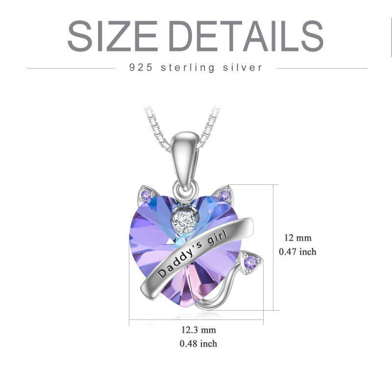 Sterling Silber Heart Shaped Cat & Heart Crystal Anhänger Halskette mit eingraviertem Wort-5