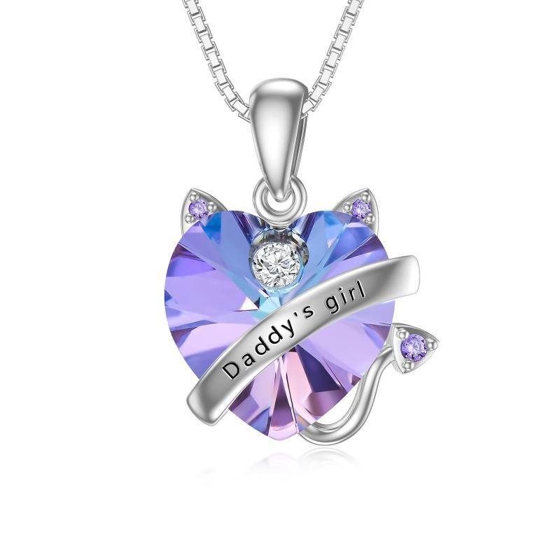 Sterling Silber Heart Shaped Cat & Heart Crystal Anhänger Halskette mit eingraviertem Wort-1