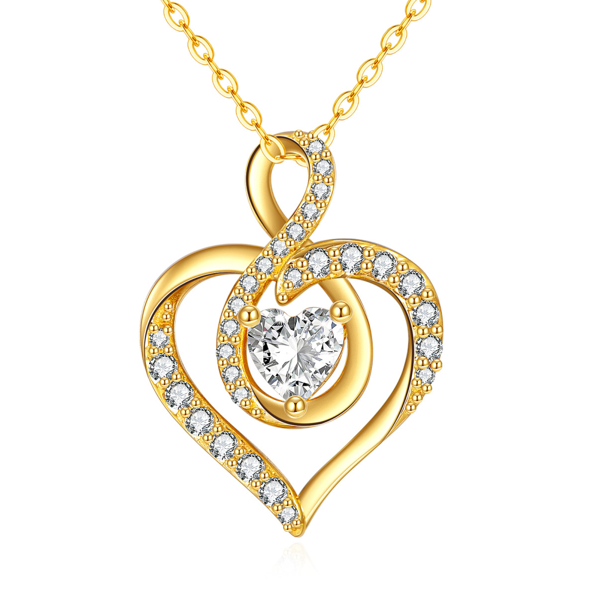 14K Gold Heart Shaped Cubic Zirkonia Herz & Infinity Symbol Anhänger Halskette-1