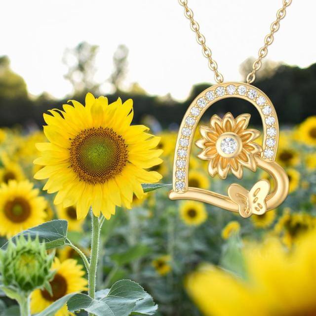 14K Gold Cubic Zirconia Butterfly & Sunflower & Heart Pendant Necklace-4