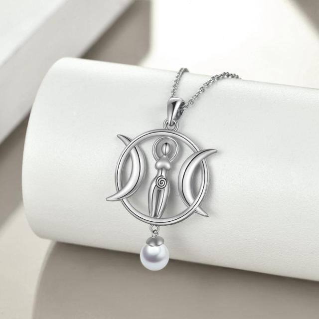 Sterling Silver Pearl Moon Pendant Necklace-2
