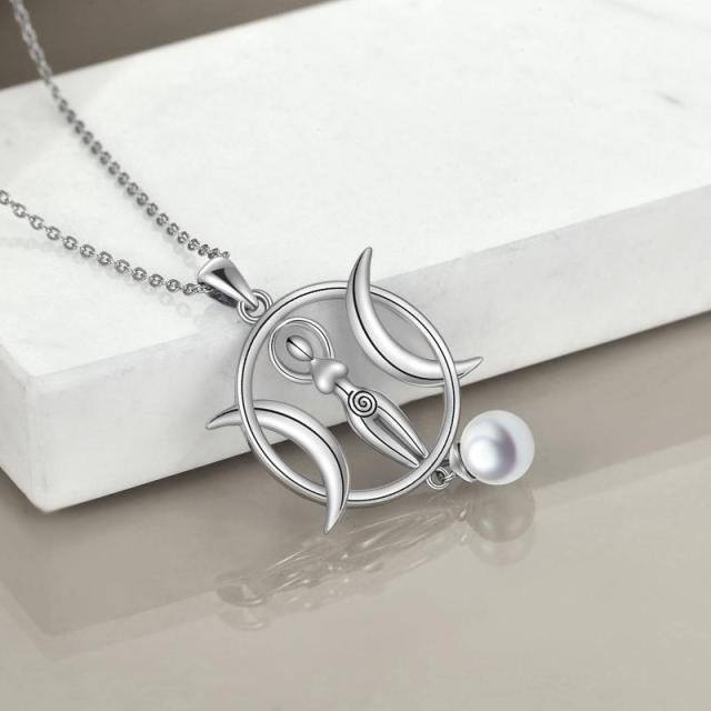 Sterling Silver Pearl Moon Pendant Necklace-3