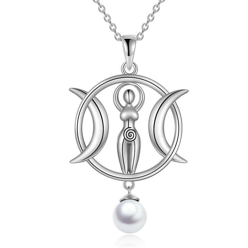 Sterling Silver Pearl Moon Pendant Necklace-1