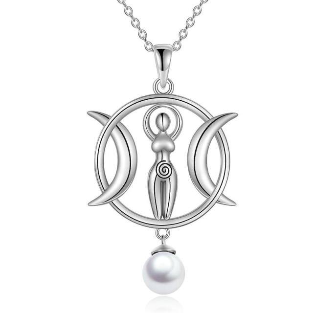 Sterling Silver Pearl Moon Pendant Necklace-0