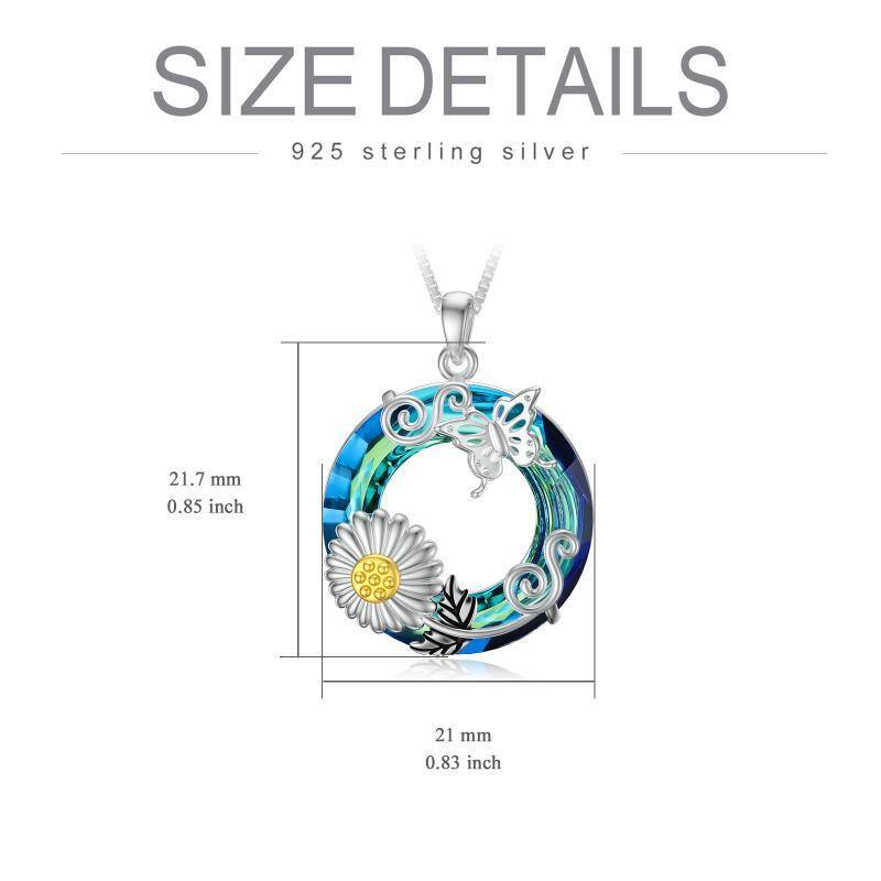 Sterling Silver Two-tone Round Butterfly & Sunflower Crystal Pendant Necklace-6