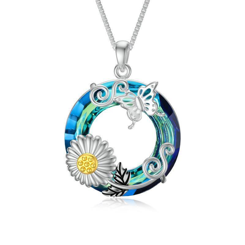 Sterling Silver Two-tone Round Butterfly & Sunflower Crystal Pendant Necklace-1
