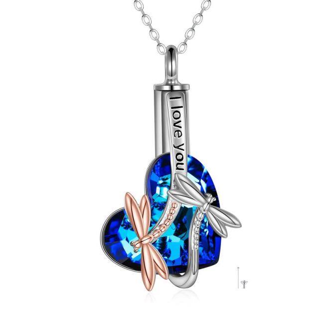 Sterling Silver Two-tone Crystal Dragonfly & Heart Urn Necklace for Ashes with Engraved Word-0