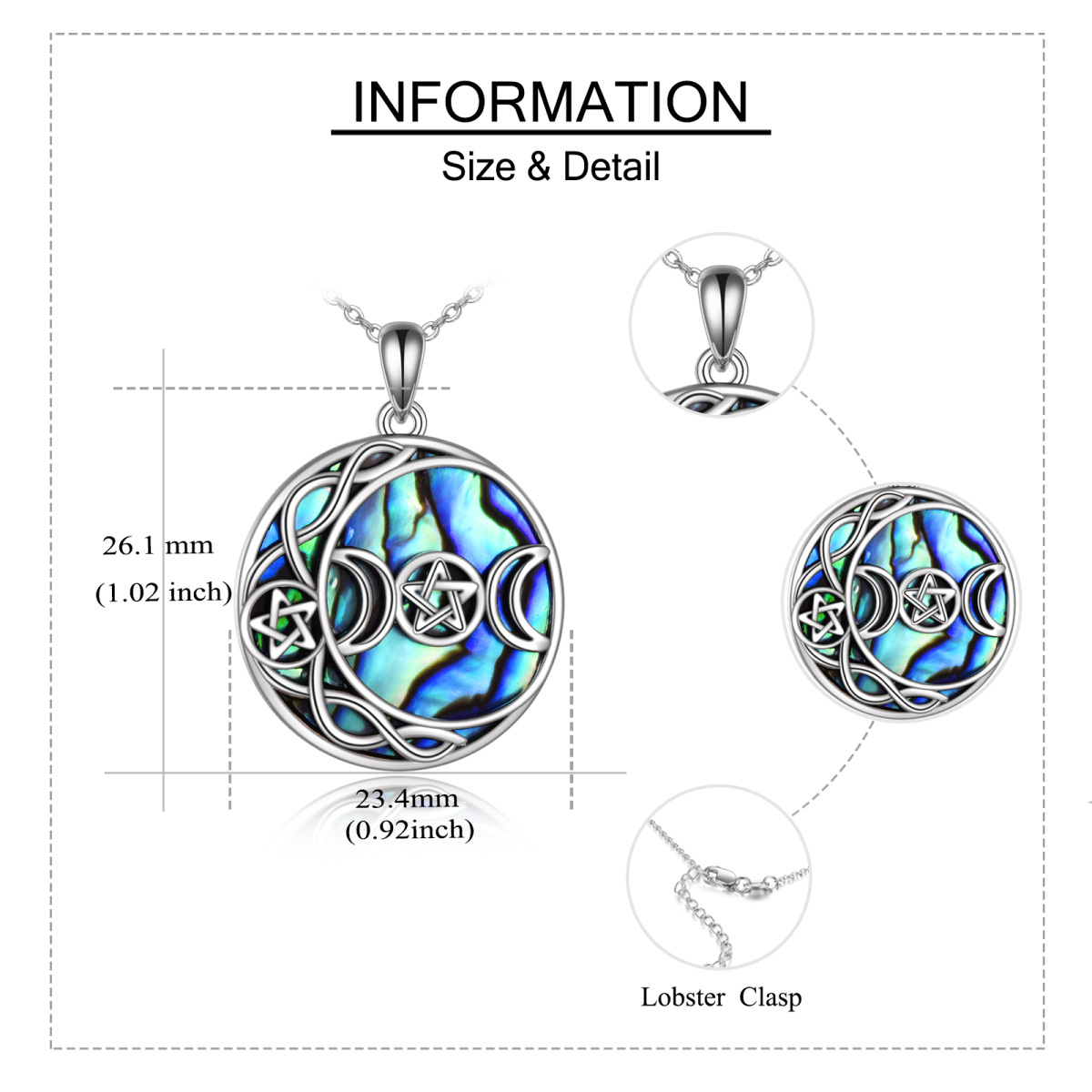 Sterling Silver Circular Shaped Abalone Shellfish Moon & Star Pendant Necklace-6
