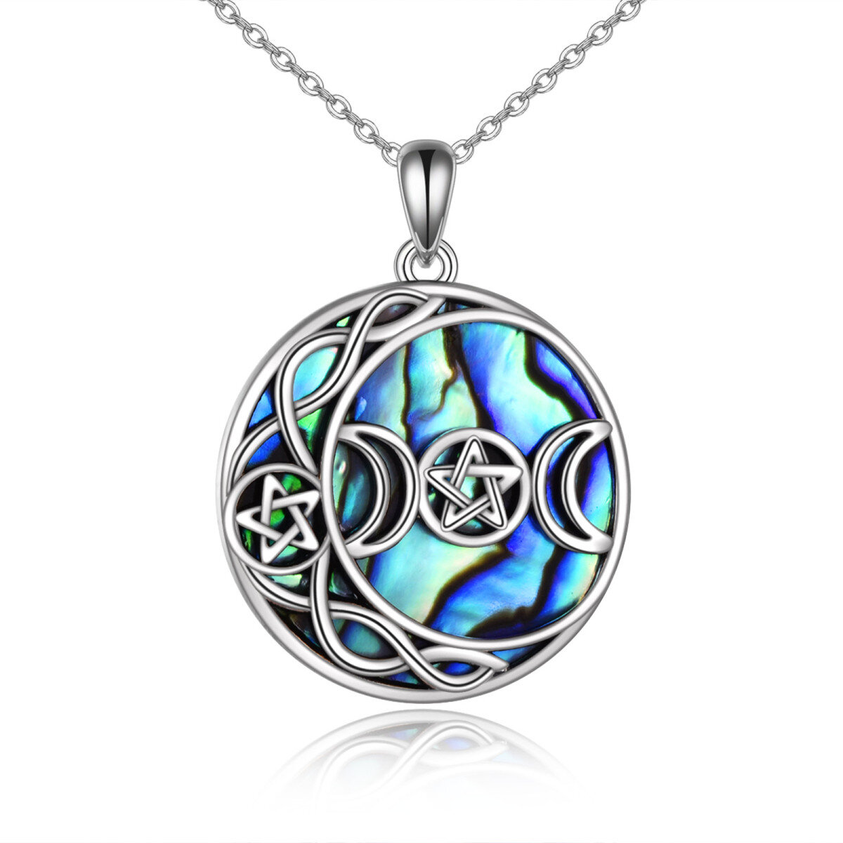 Sterling Silver Circular Shaped Abalone Shellfish Moon & Star Pendant Necklace-1
