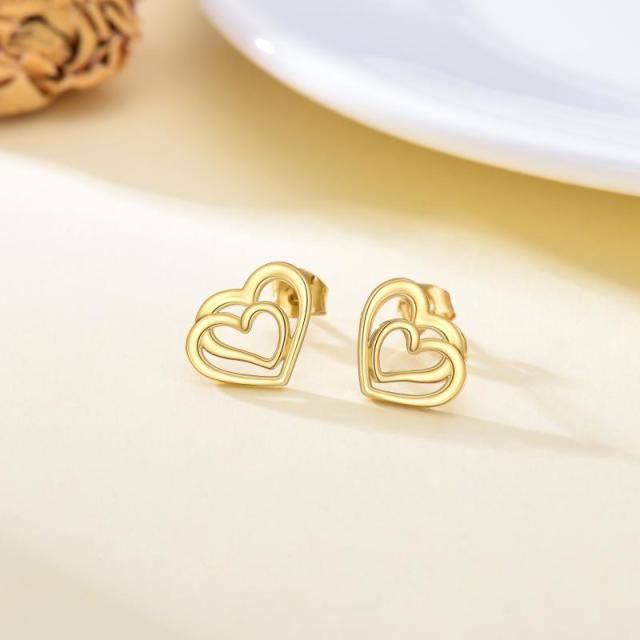 14K Gold Heart With Heart Stud Earrings-3
