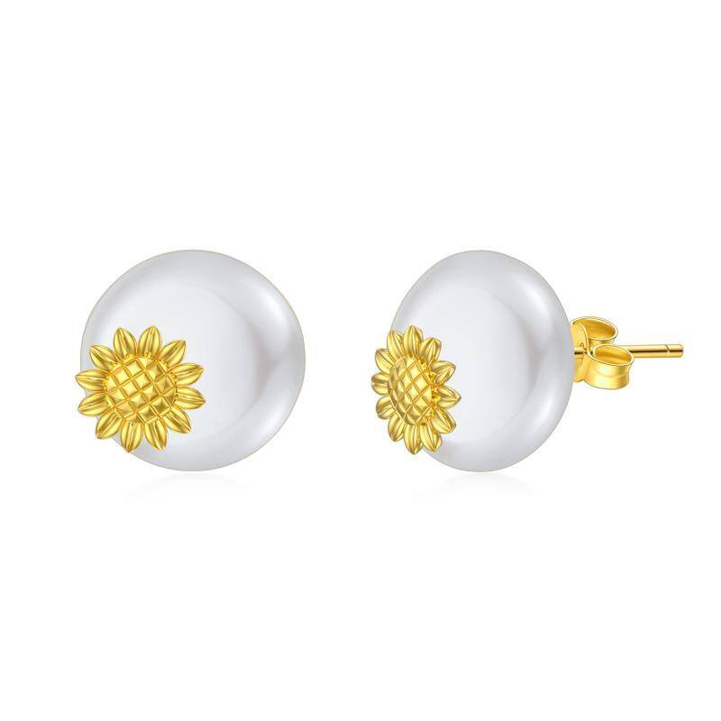 14K Gold Pearl Sunflower Stud Earrings-1