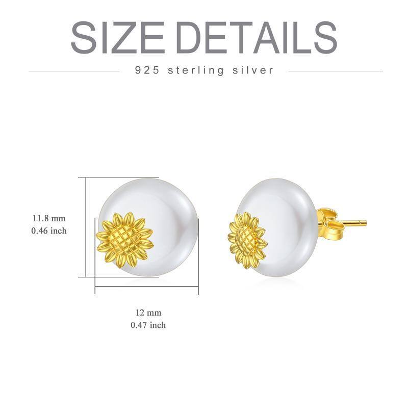 14K Gold Pearl Sunflower Stud Earrings-4