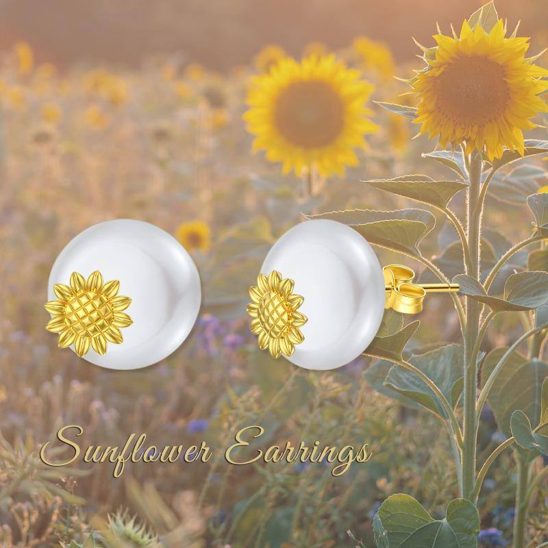 14K Gold Pearl Sunflower Stud Earrings-5