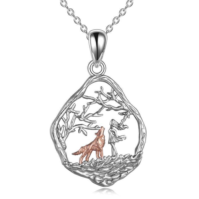 Sterling Silver Two-tone Wolf & Girl Pendant Necklace-1