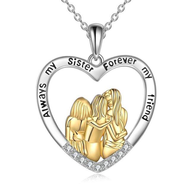 Sterling Silver Two-tone Cubic Zirconia Three Sisters & Heart Pendant Necklace-0