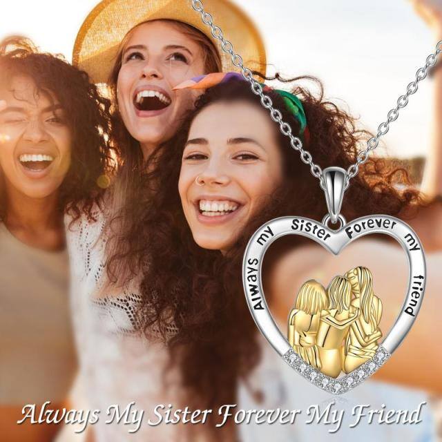 Sterling Silver Two-tone Cubic Zirconia Three Sisters & Heart Pendant Necklace-2